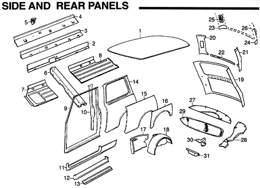 Classic Mini side and rear body panels diagram