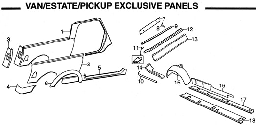 Classic Mini Estate, Van, and Pickup body panels diagram